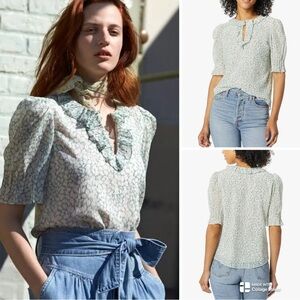 La Vie Rebecca Taylor silk and cotton blend Ikat Leaf Floral Puff Sleeve Blouse